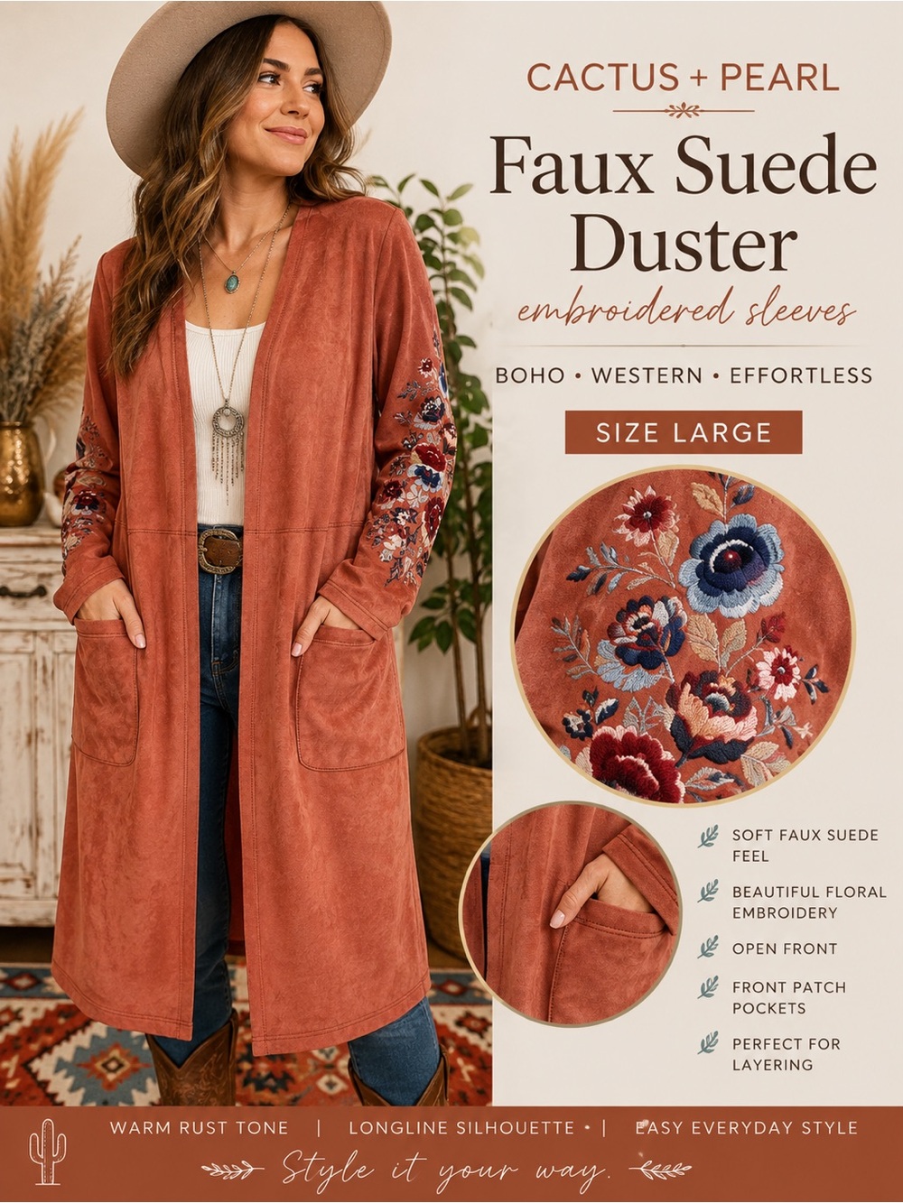 Cactus + Pearl Faux Suede Floral Embroidered Boho Western Duster Size L